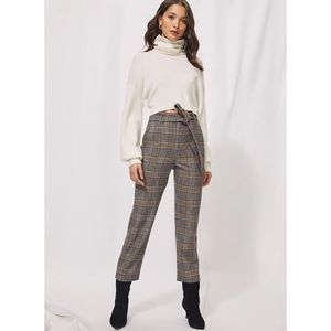 Aritzia Wilfred Dark Wool Houndstooth Plaid Tie Front Pants w/ Removable Belt